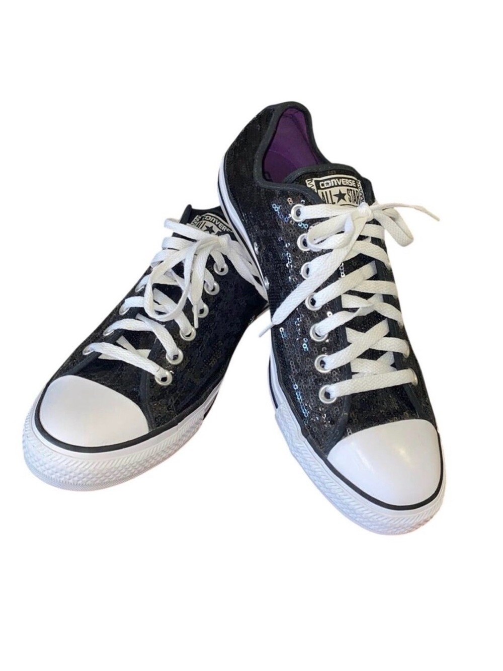 Converse Women’s Black Sequin Low-Top Sneakers with White Accents sz 8